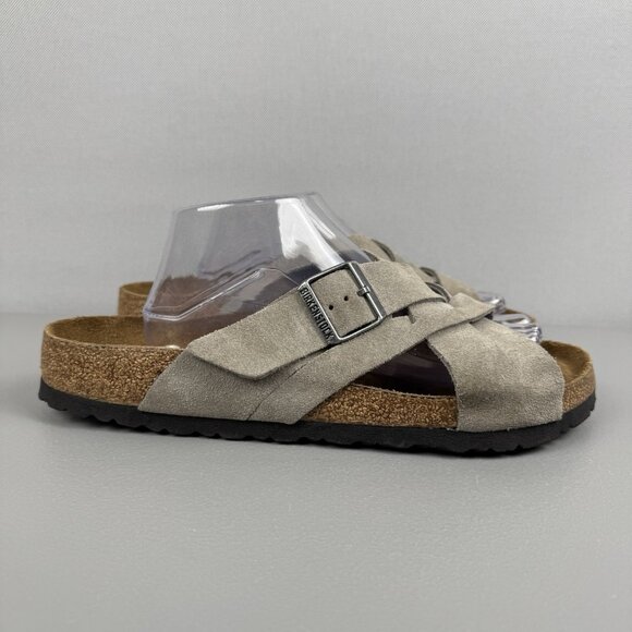 Birkenstock Sandals Men 44 US 11 Taupe Lugano Soft Footbed Suede Leather Slip On - Picture 1 of 9